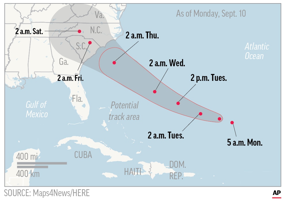 Photo of map showing probable path of Hurricane Florence.