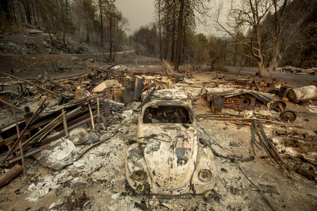 Photo of a scorched VW Beetle after being burned in Delta Fire
