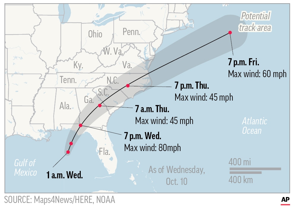 Map showing the path of probable hurricane Michael