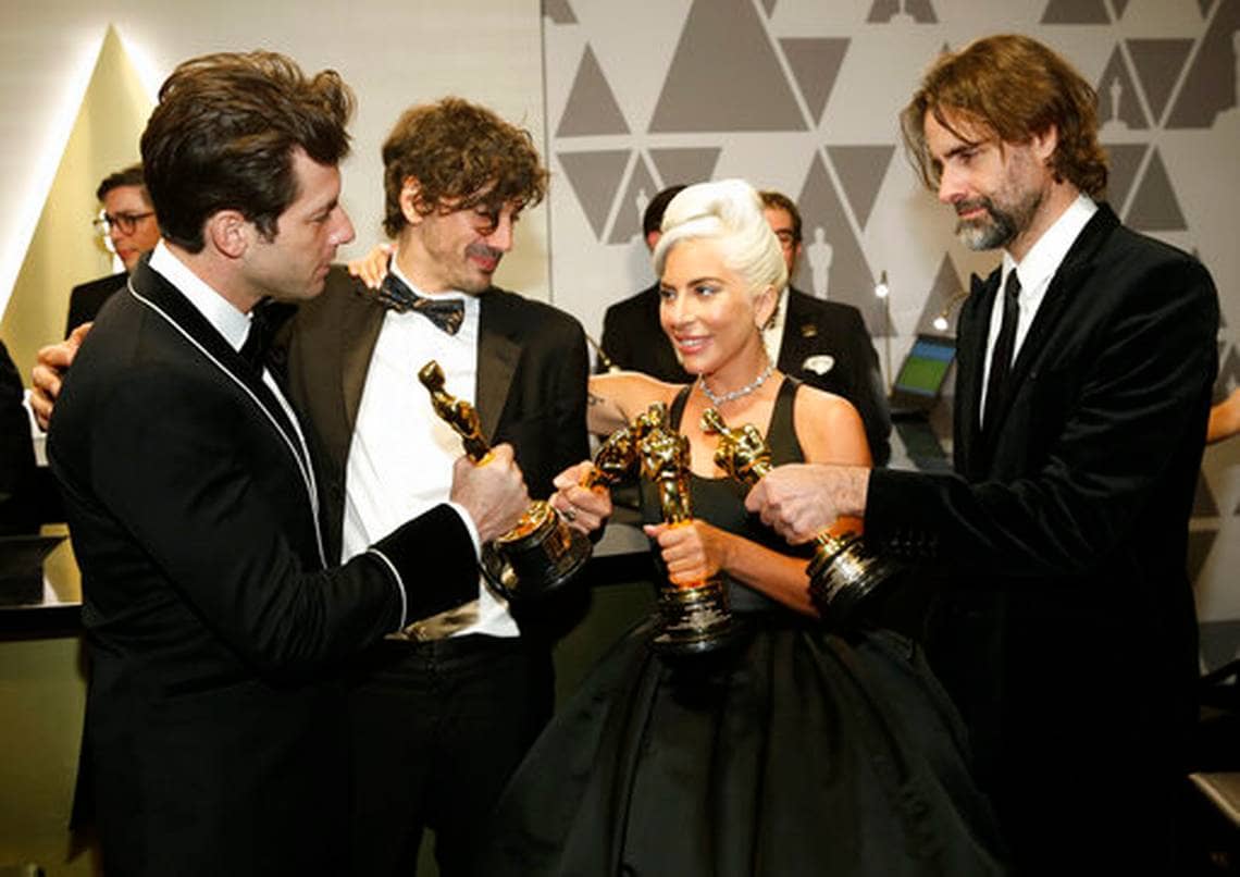 Photo of Mark Ronson, from left, Anthony Rossomando, Lady Gaga, and Andrew Wyatt
