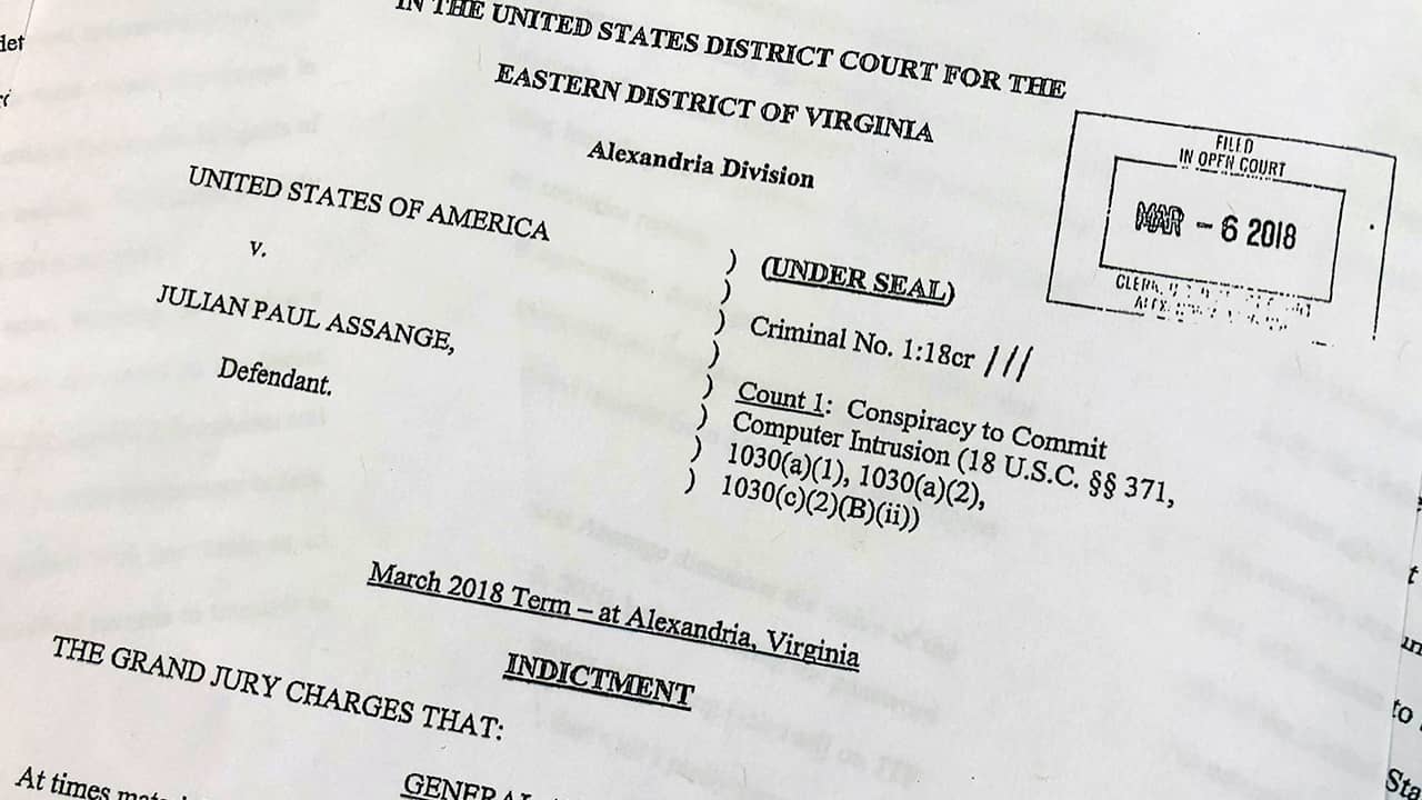 Photo of indictment against Julian Assange