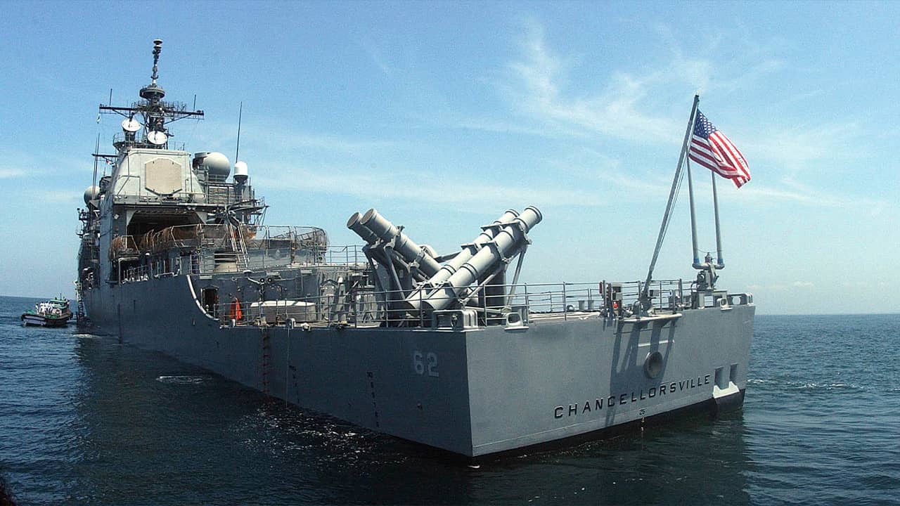 Photo of the USS Chancellorsville lying at anchor in India's southern port in 2002.