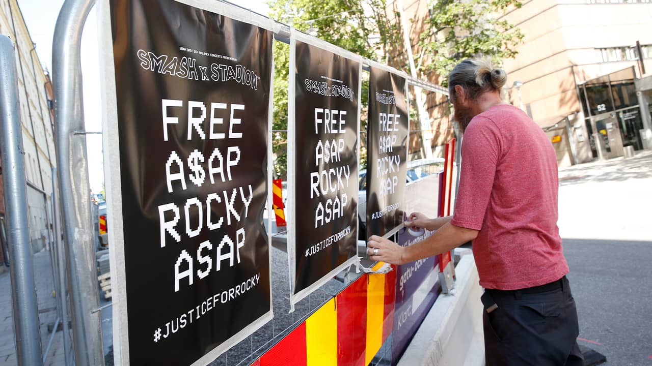 Photo of "Free A$AP Rocky" signs in Stockholm