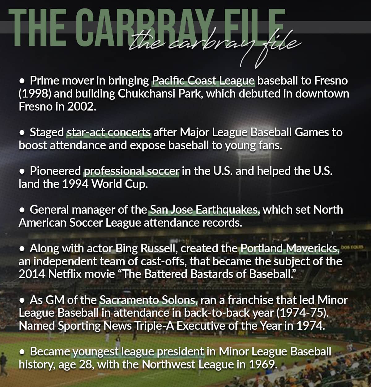 Graphic of highlights of John Carbray's career