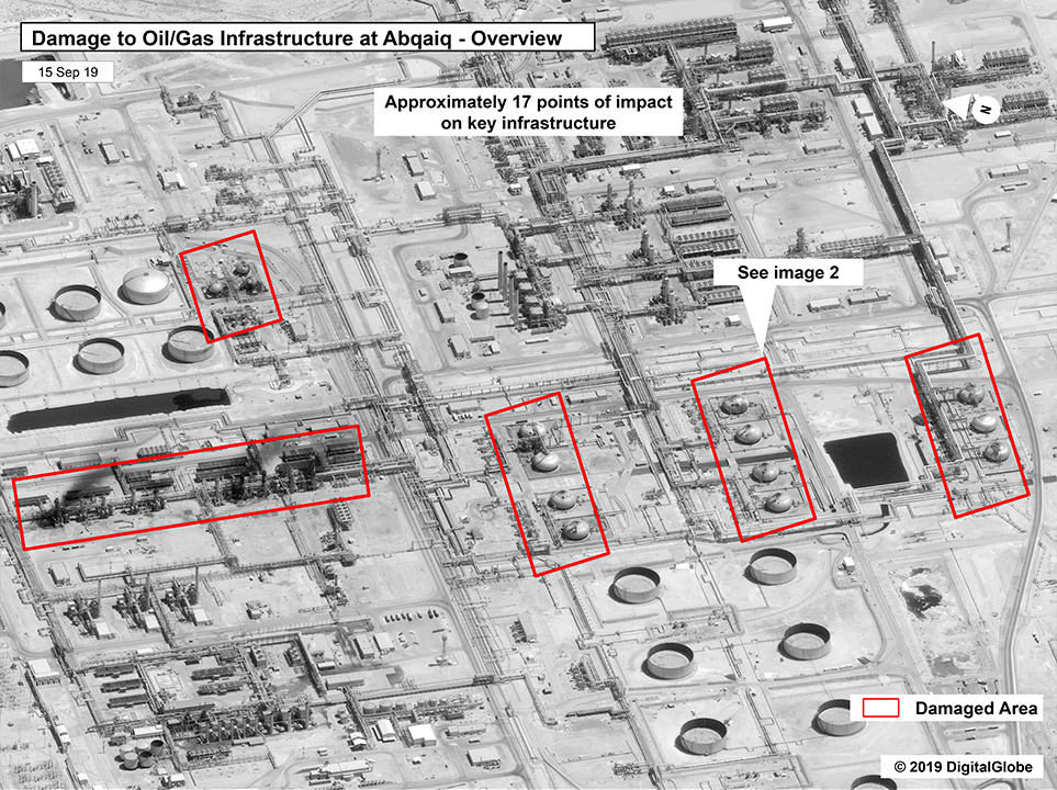 Photo of a map showing damage to the infrastructure at Saudi Aramco's Abaqaiq oil processing facility in Buqyaq