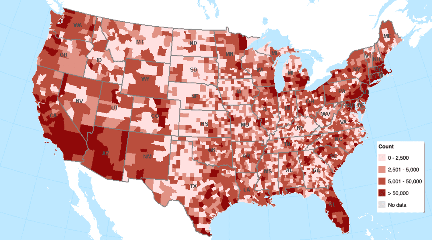 Photo of map showing how many people in different counties across the country lived in food deserts in 2015