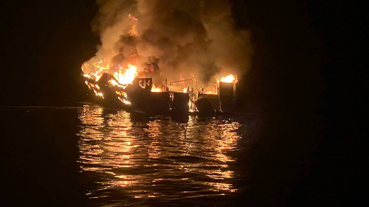 Photo of a dive boat engulfed in flames in Santa Barbara, Ca.