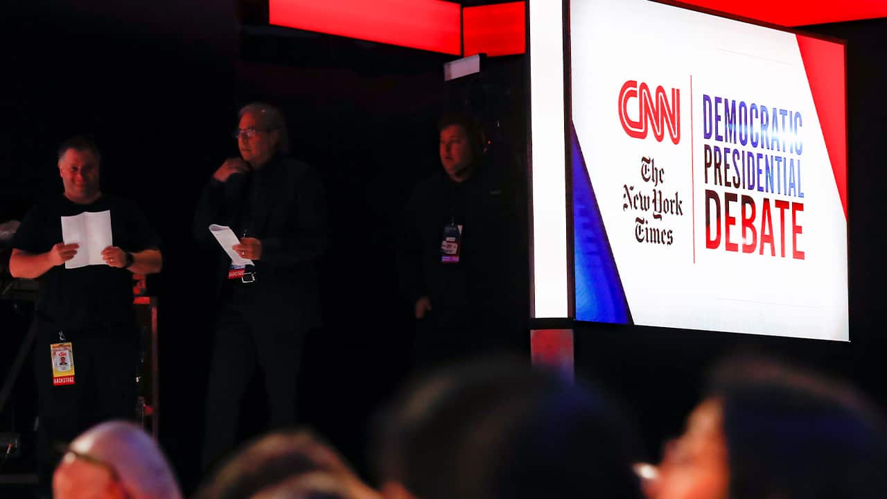 Photo of the stage being prepared for the Democratic presidential primary debate