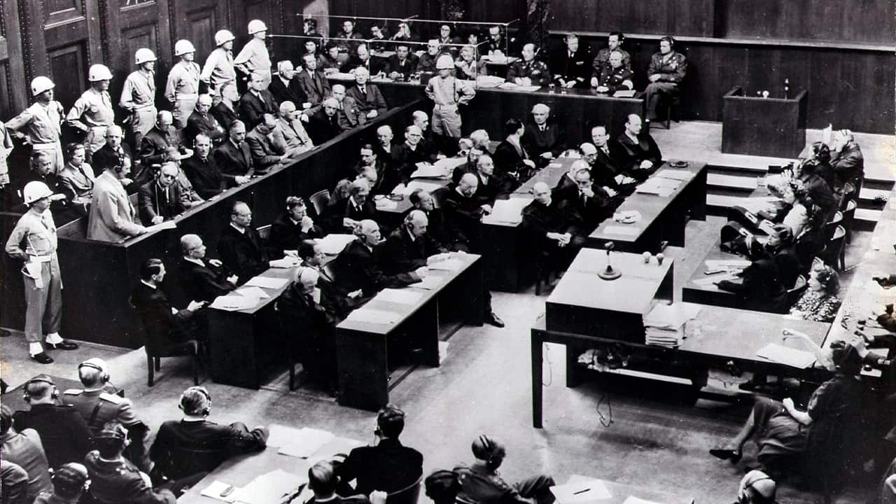 Photo of the court room of the Nuremberg Trials against Top Nazis in Nuremberg