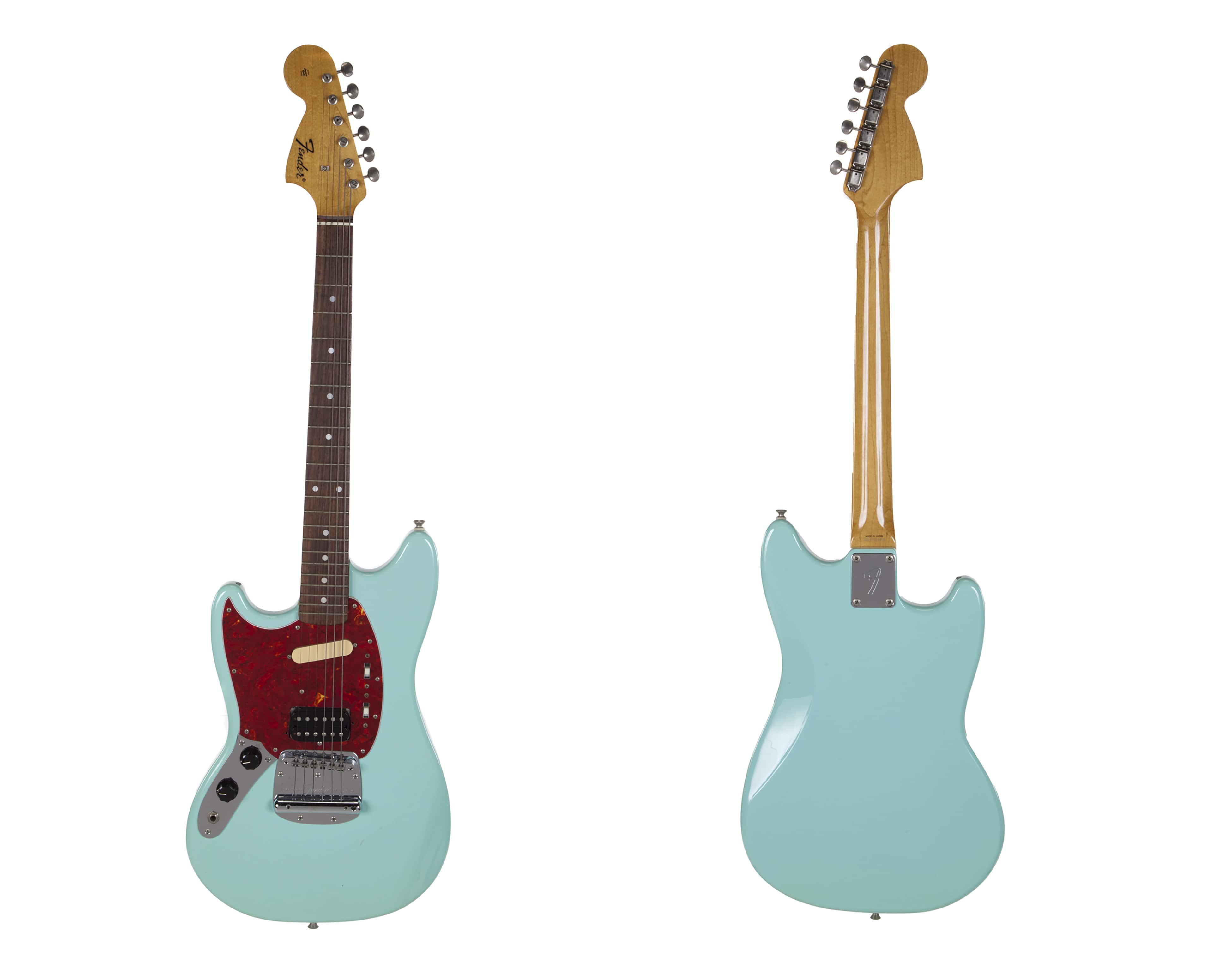 Photo of the front and back of a turquoise-bodied Fender guitar