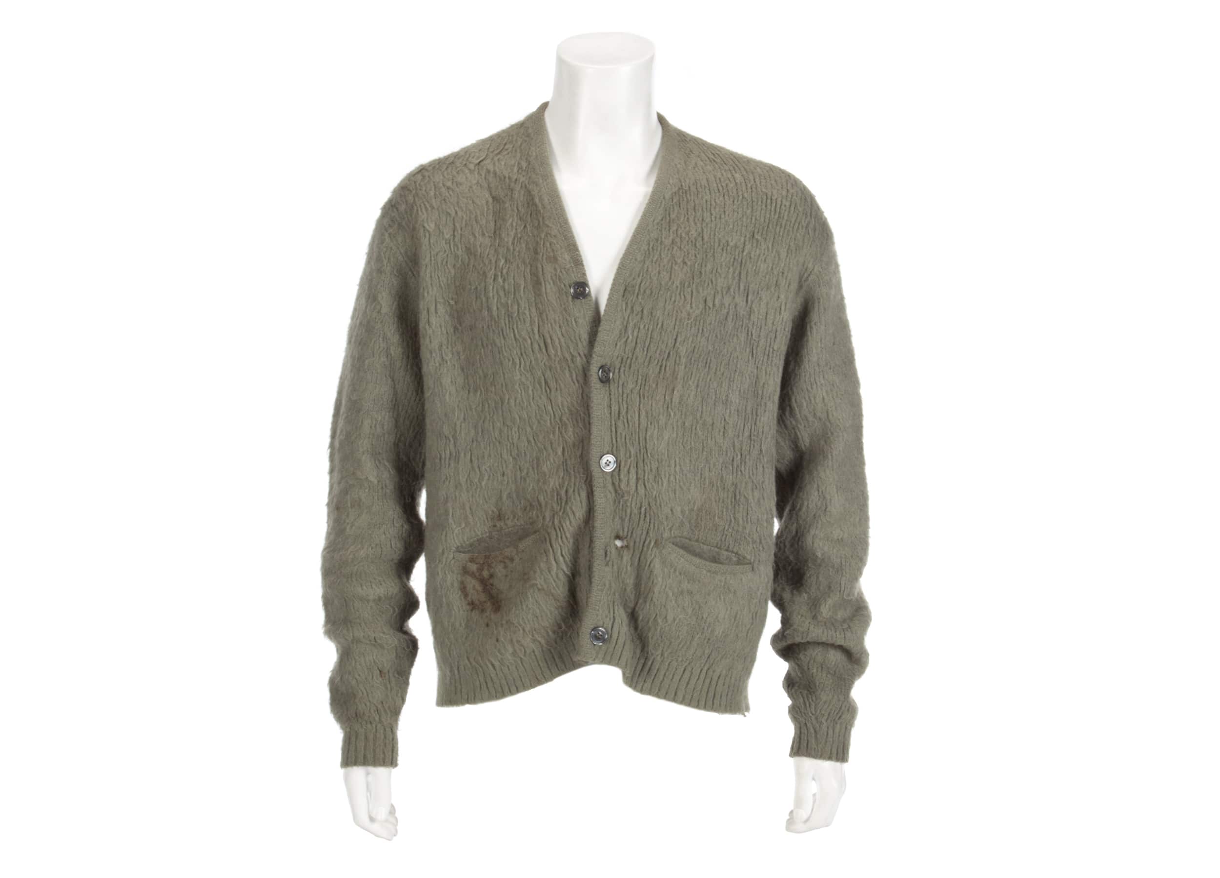 Photo of the green cardigan worn by Nirvana frontman Kurt Cobain