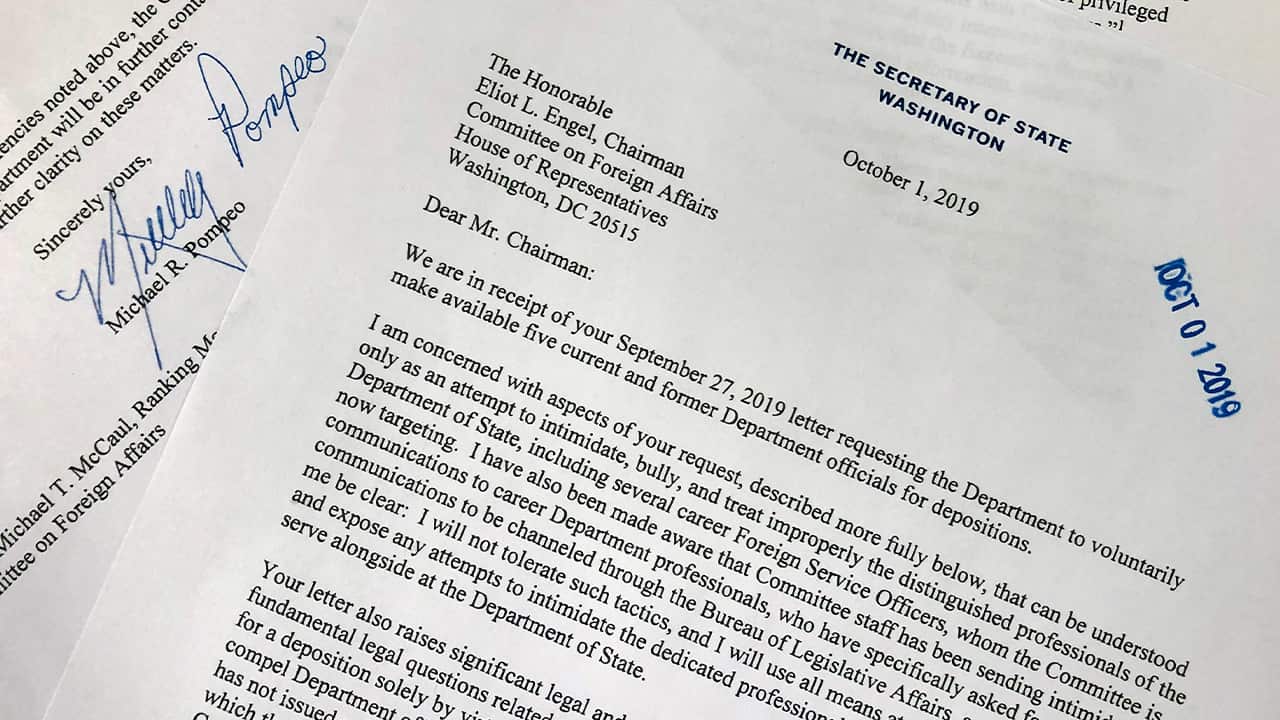 Photo of a letter from Secretary of State Mike Pompeo