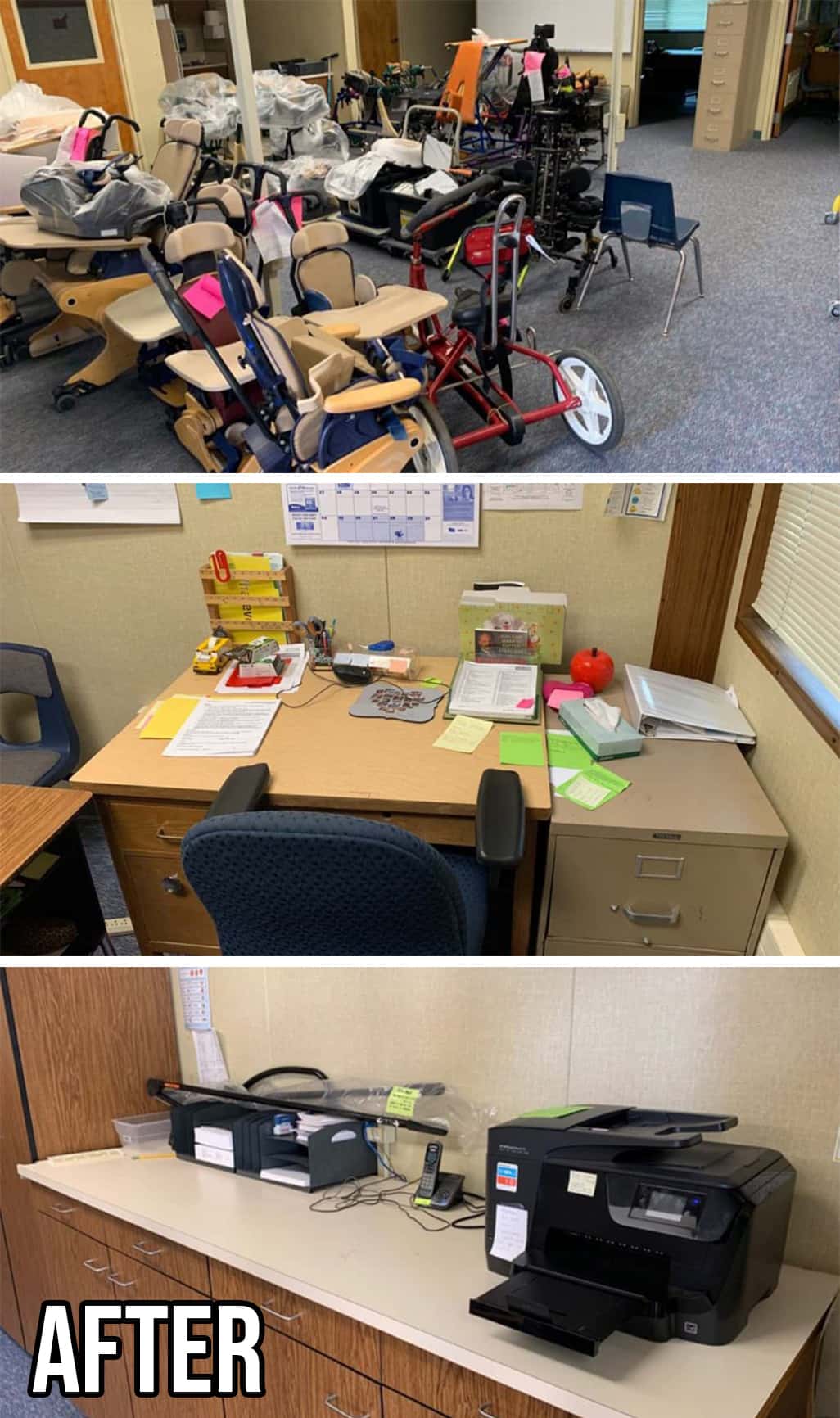 3 photos of the conditions after the clean-up of the special-ed roome