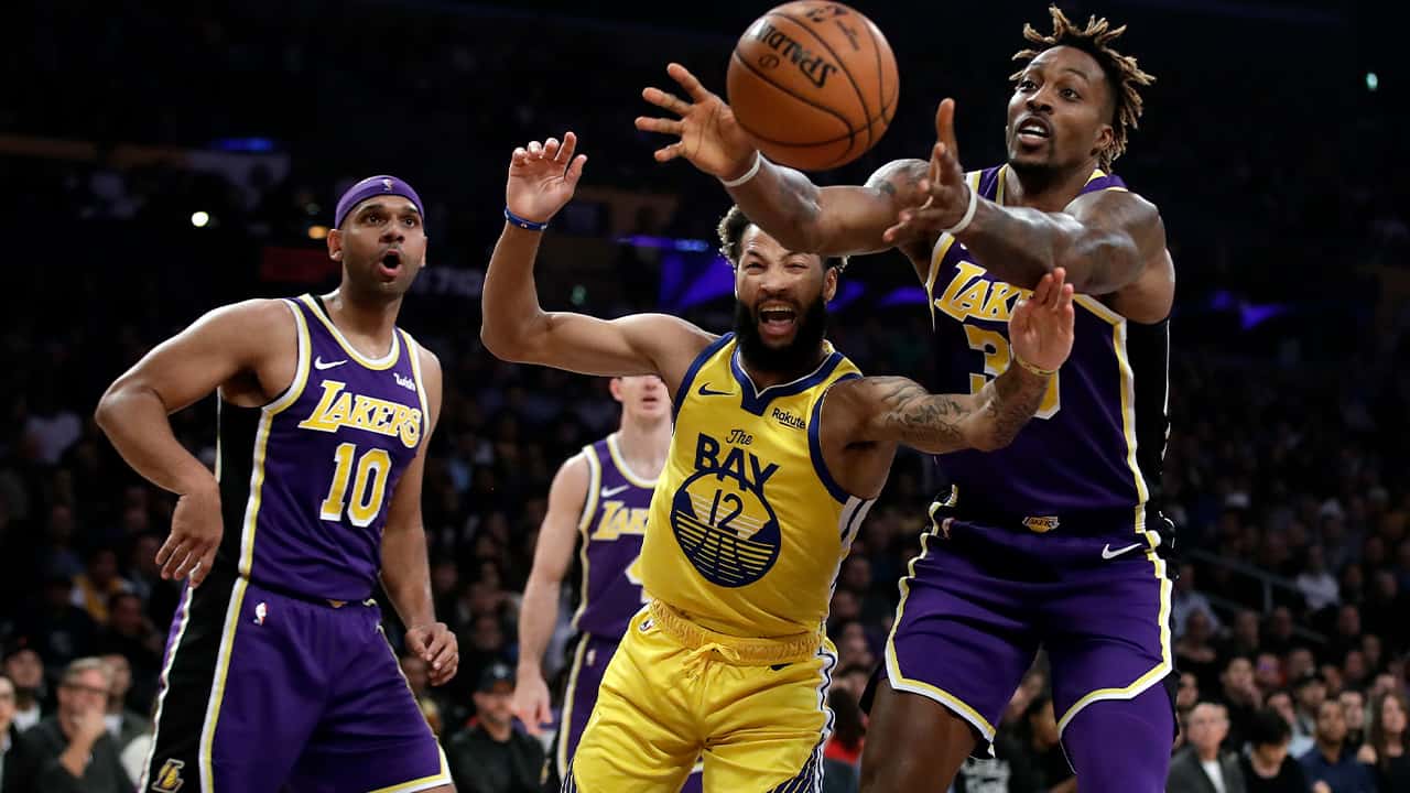 Photo of Los Angeles Lakers' Dwight Howard, Golden State Warriors' Ky Bowman
