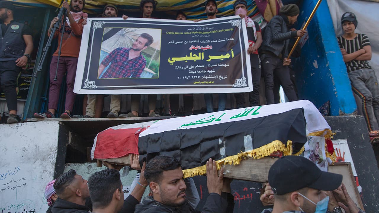 Photo of mourners carrying the body of their fellow protestor