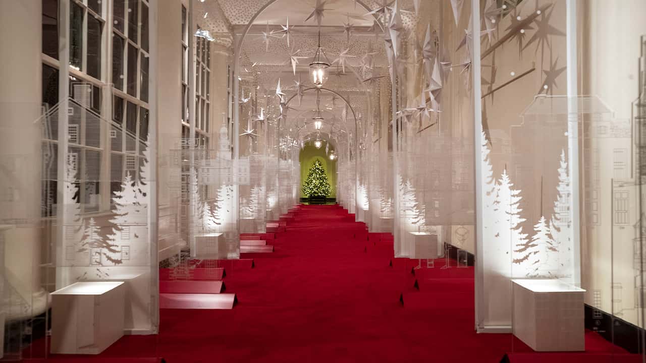 Photo of the East Colonnade is decorated with a timeline of American design, innovation and architecture during the 2019 Christmas preview at the White House
