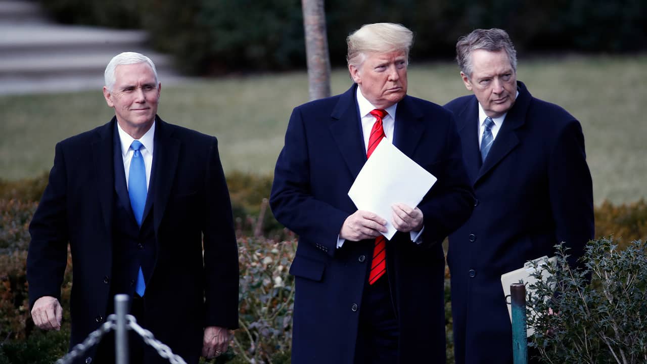 Photo of President Donald Trump, Vice President Mike Pence, left, and U.S. Trade Representative Robert Lighthizer