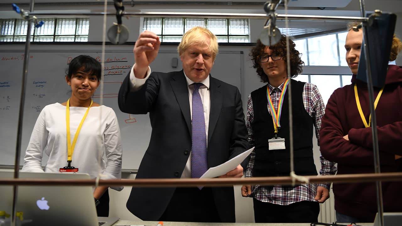 Photo of Prime Minister Boris Johnson visiting the Department of Mathematics at King's Maths School, part of King's College London University, in London