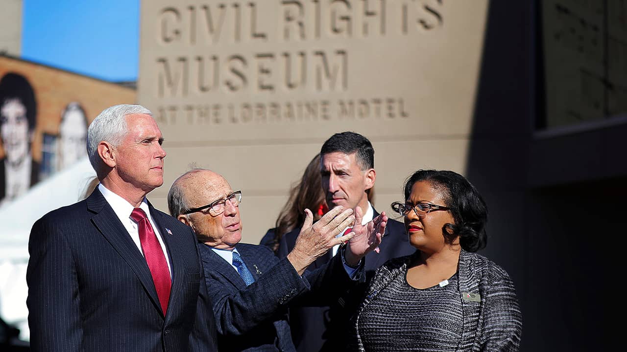 Photo of Vice President Mike Pence listening to the history of the Civil Rights Museum