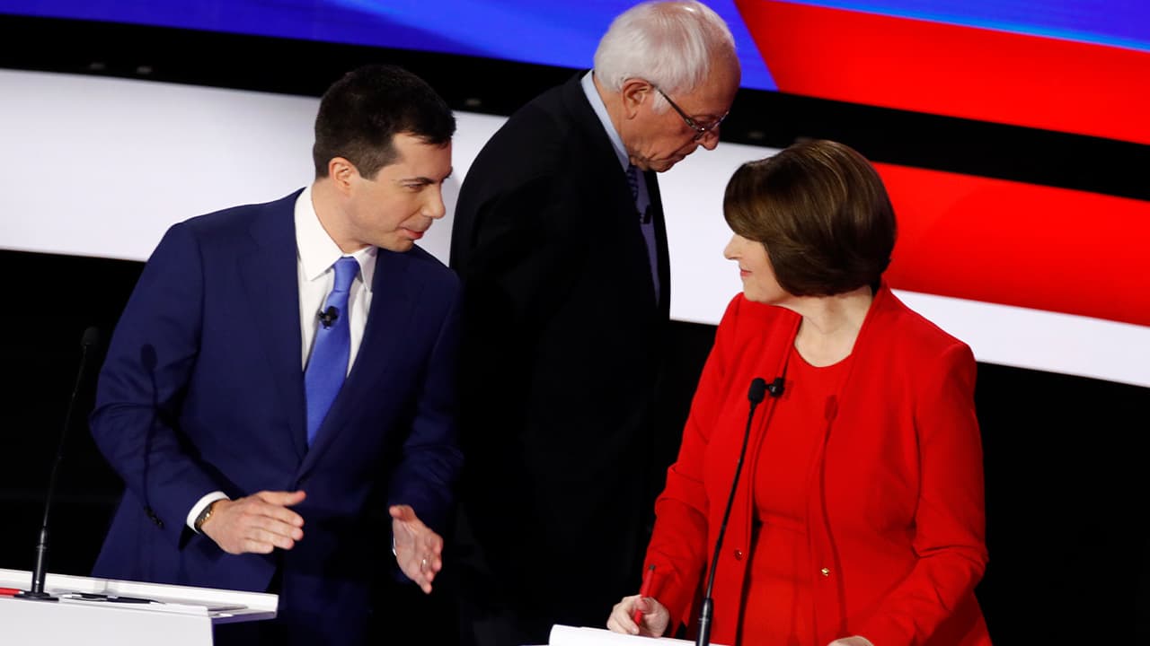 Photo of Democratic presidential candidates former South Bend Mayor Pete Buttigieg, left, and Sen. Amy Klobuchar
