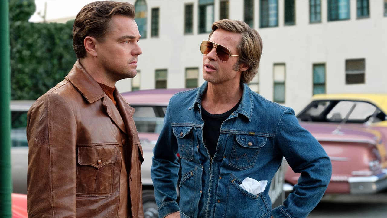 Photo of Leonardo DiCaprio, left, and Brad Pitt in a scene from "Once Upon a Time in Hollywood."