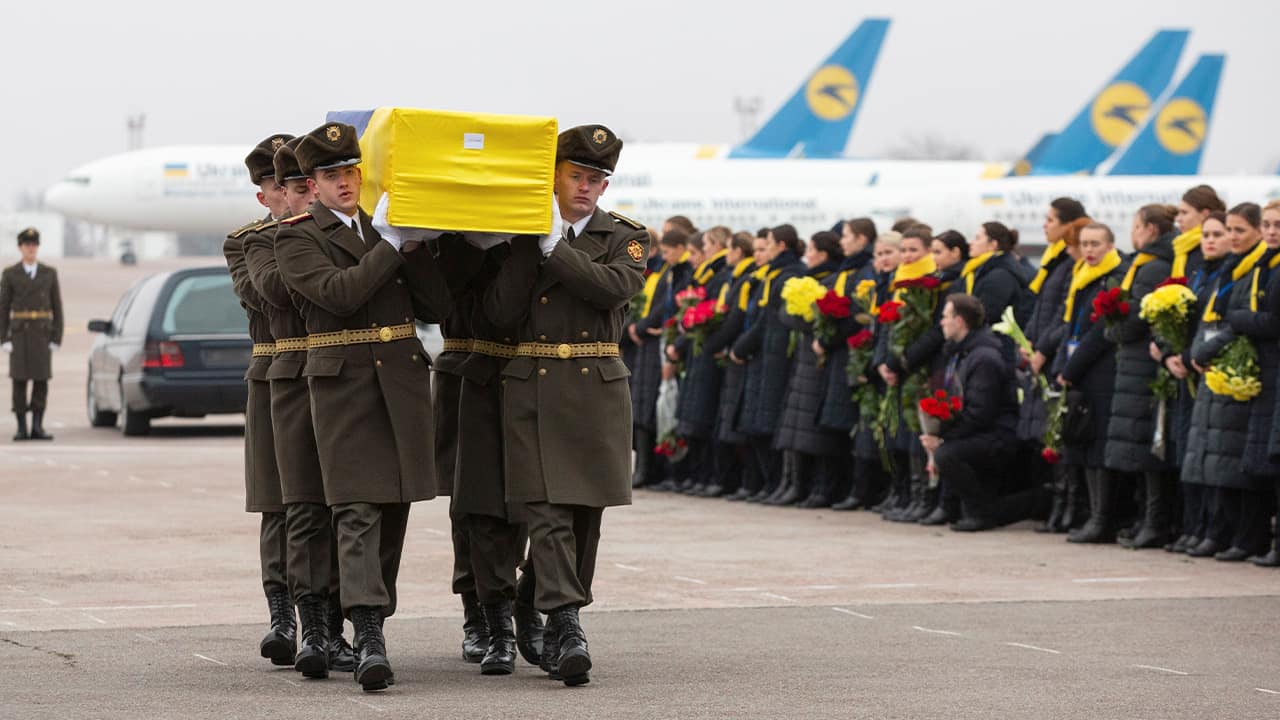 Photo of honor guard carrying a coffin of the one of the eleven Ukrainian victims of the Ukrainian 737-800 plane that crashed on the outskirts of Tehran