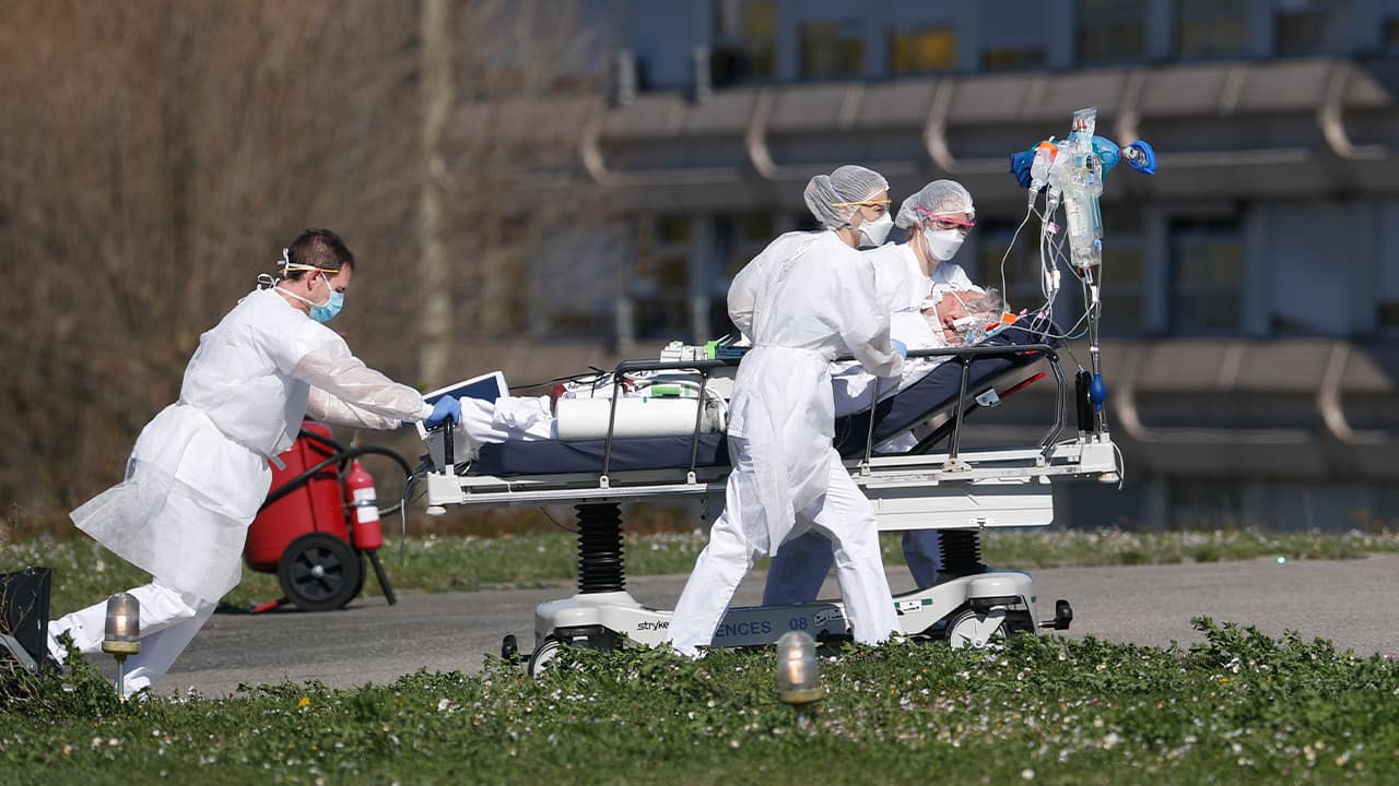 Photo of a victim being evacuated from a hospital in France