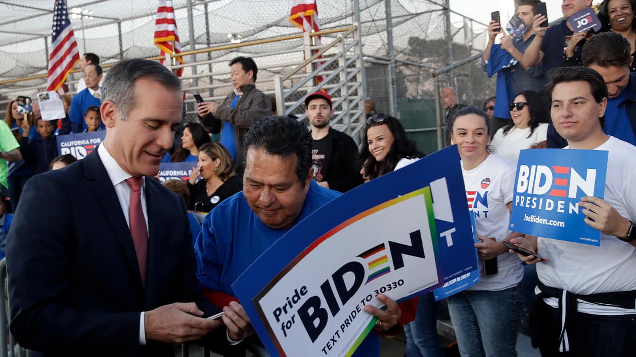 Photo of Los Angeles Mayor Eric Garcetti and Joe Biden supporters