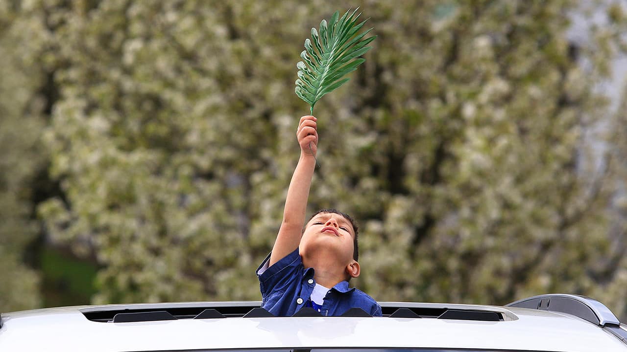 Photo of a kid holding a palm leaf