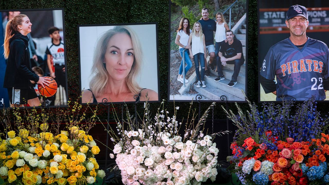 Photo of flowers and photos honoring members of the Altobelli family