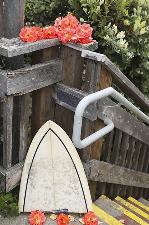 Photo of a broken surfboard and flowers