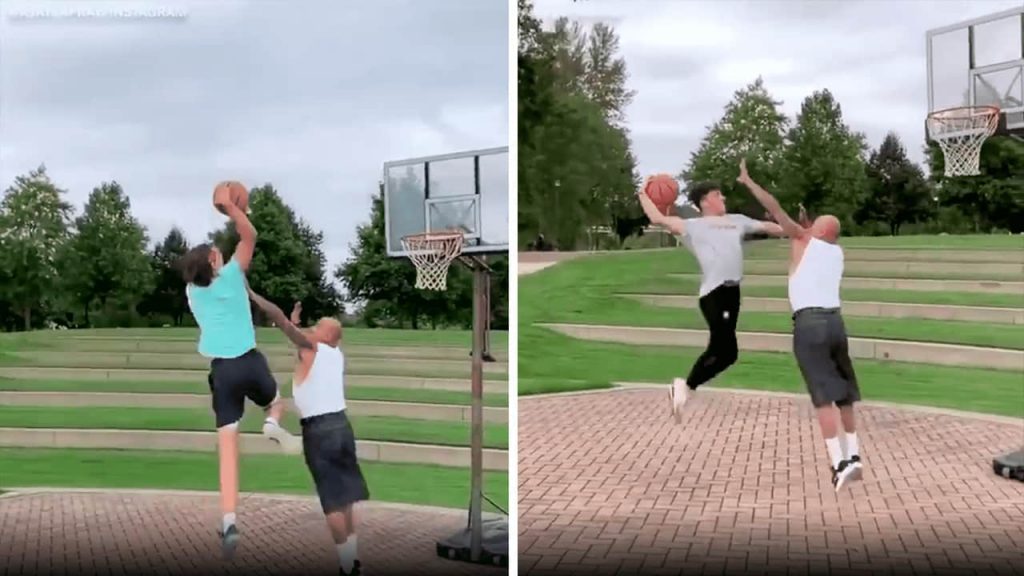 Video images of 59-year-old playground basketball player stopping dunks by much younger players.