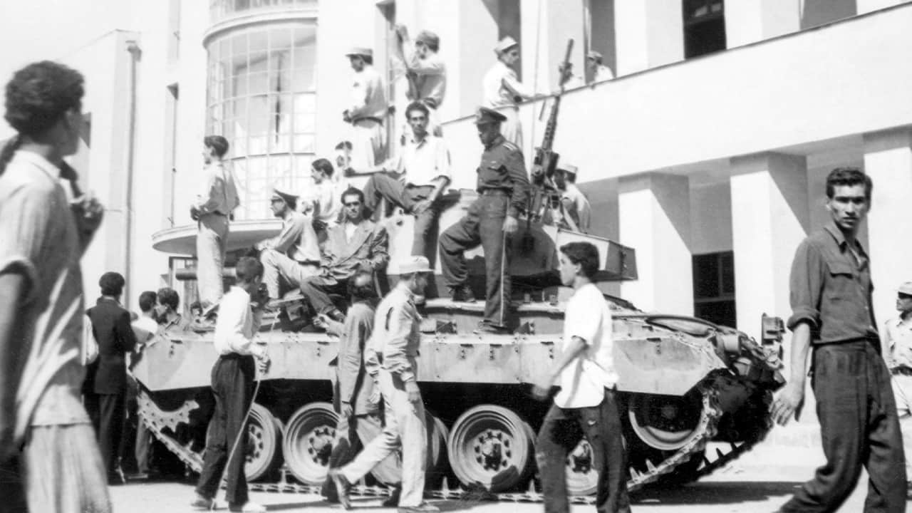 A royalist tank moves into the courtyard of Tehran Radio in 1953
