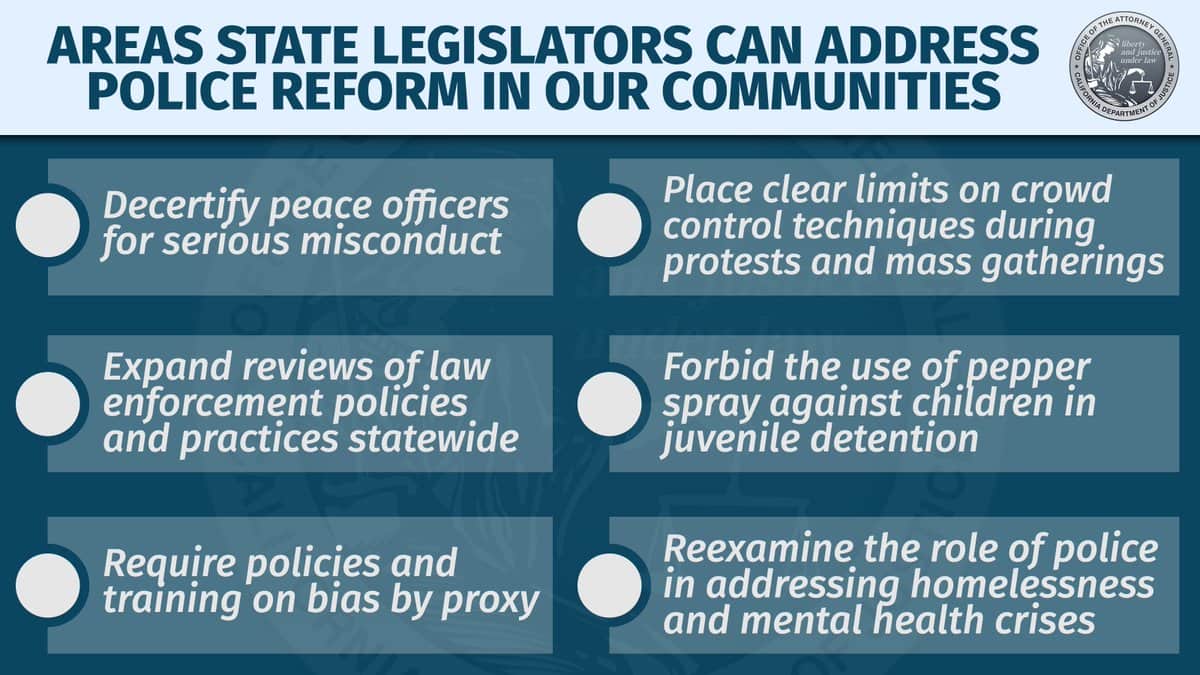 Graphic showing California AG Xavier Becerra's recommendations for criminal justice reform legislation re