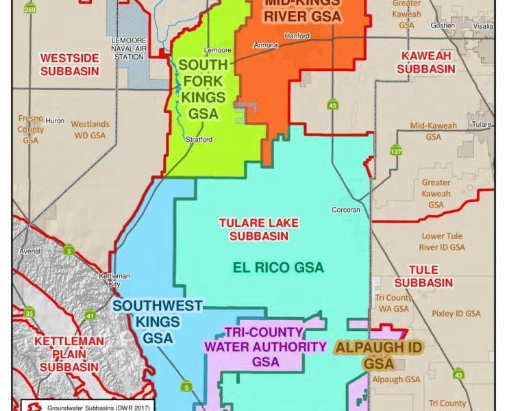 A color map showing the groundwater sustainability agencies in Kings County