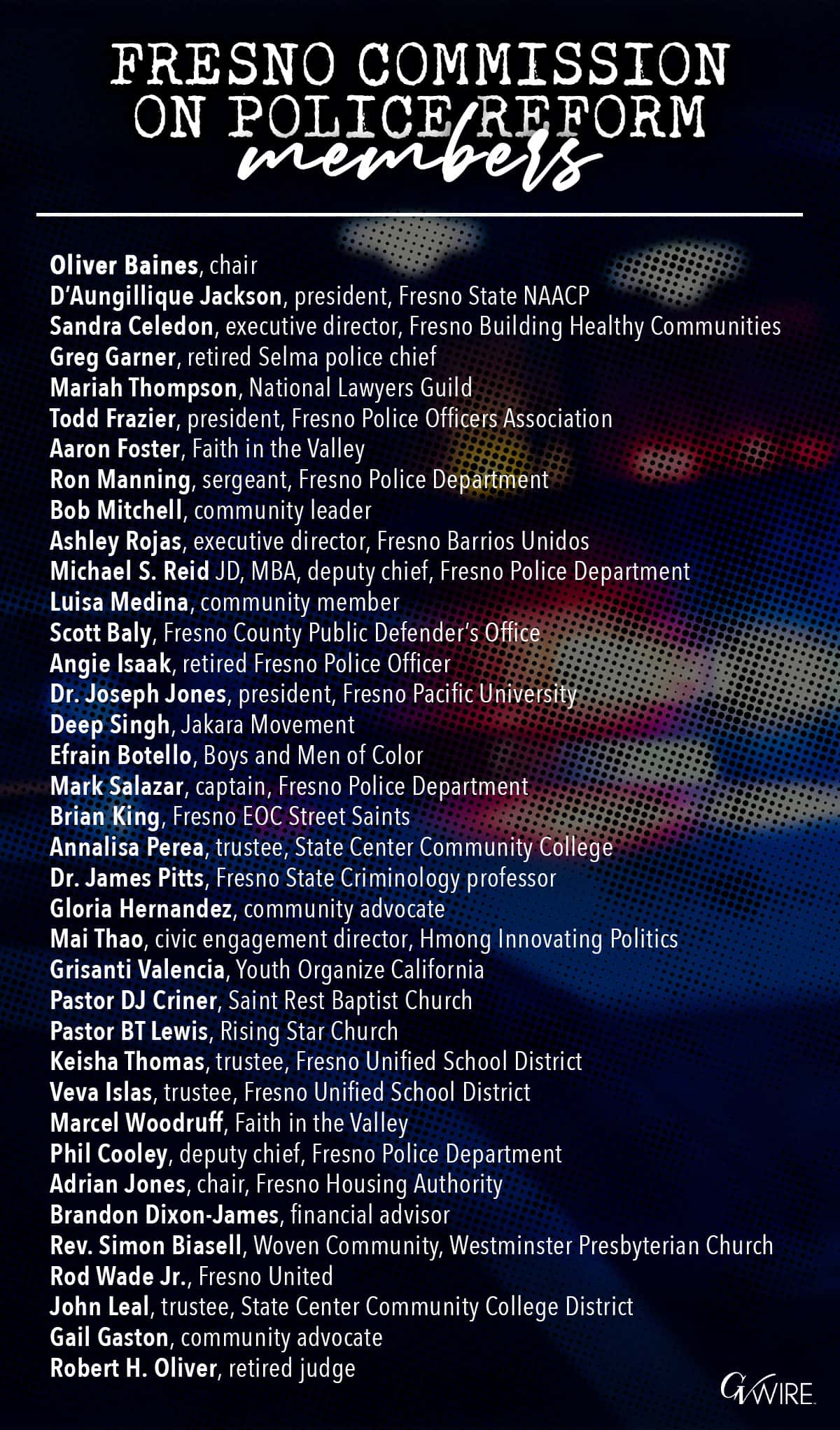 Image of the names of the people serving on the Fresno Commission on Police Reform