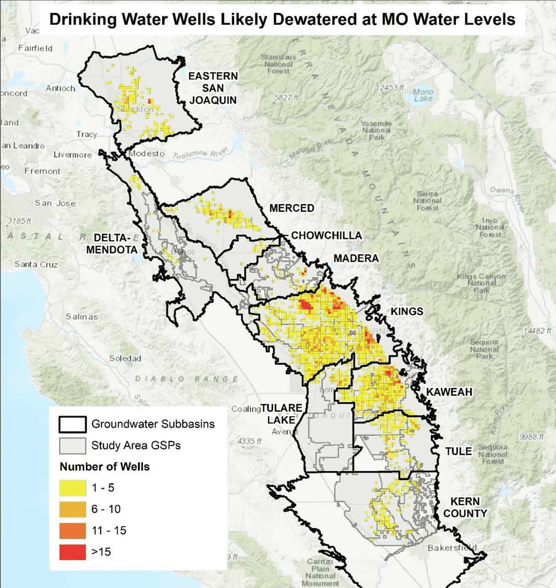 Map of drinking water wells that could dry up in the San Joaquin Valleyu