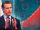 Composite image of Gov. Gavin Newsom and a graph of rising COVID-19 cases