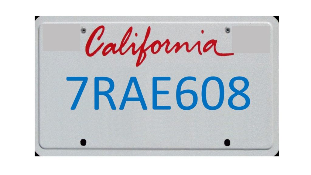 Image of California license plate 7RAE608