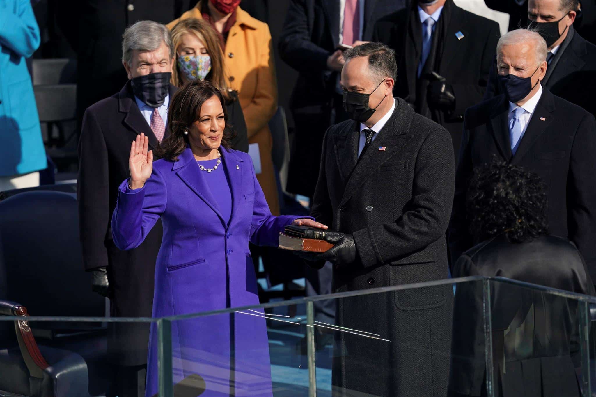 Photo of Kamala Harris being sworn in as vice president